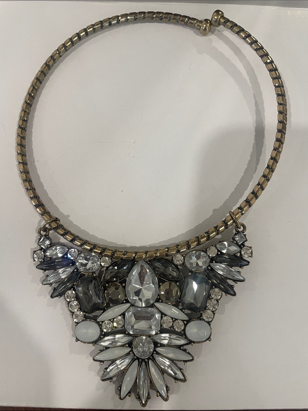 Statement Gold-Tone Necklace with Gray and Clear Gem Accents